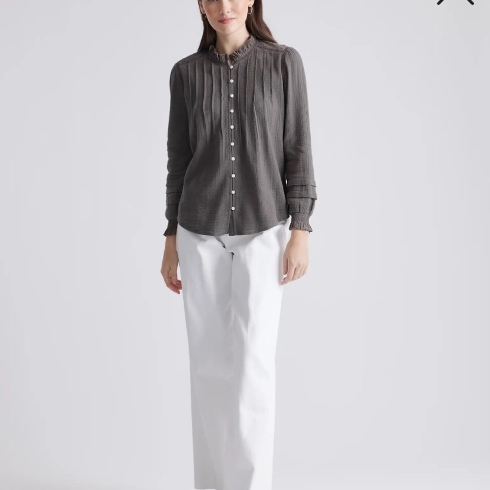 Quince Charcoal Pintuck Button-Down Cottagecore Blouse Ruffle Trim Cotton Sz Med - Picture 4 of 12